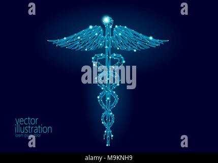 Medical caduceo simbolo bassa poli design moderno. Innovazione Tecnologia medicina futuro centro poligono triangolo blu brillante segno. Snake e ali abstr Illustrazione Vettoriale