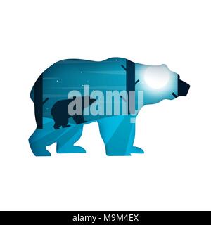 Bear illustrazione. Carta cartone animato paesaggio. Luna, cloud, stella, foresta. Illustrazione Vettoriale