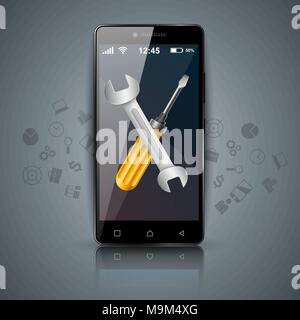 Gadget digitali, smartphone, tablet, chiave, cacciavite icona. Infografico Business. Illustrazione Vettoriale