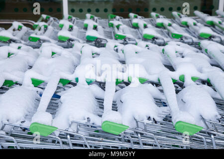 Asda shopping trollies coperto di neve durante la bestia da est tempesta di neve. Foto Stock