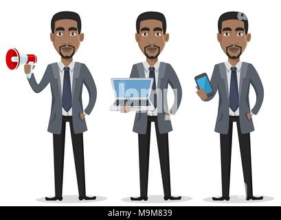 African American business man cartoon set di caratteri. Imprenditore in vestiti dell'ufficio detiene altoparlante, detiene il computer portatile e contiene uno smartphone. Vector illust Illustrazione Vettoriale