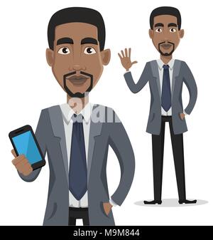 African American business man personaggio dei fumetti. Imprenditore in vestiti dell'ufficio sullo smartphone mantiene le onde e la mano. Illustrazione Vettoriale su bianco backgroun Illustrazione Vettoriale