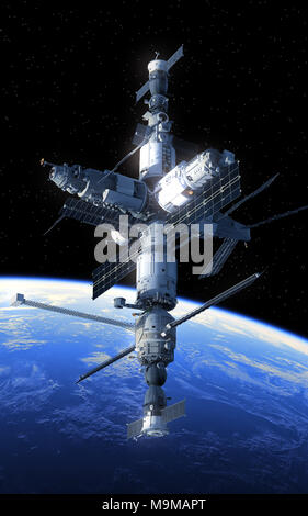 La stazione spaziale in orbita pianeta blu. 3D'illustrazione. Foto Stock