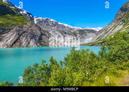 Il lago e il ghiacciaio, Norvegia, Jostedalsbreen National Park, vista Nigardsbreen lingua, parte del ghiacciaio di Jostedal Foto Stock