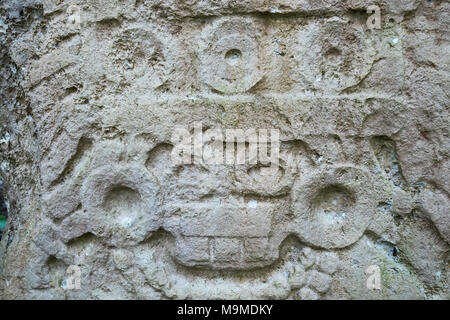 Antico in pietra glifi dal Maya sito archeologico in Yaxha, Guatemala Foto Stock