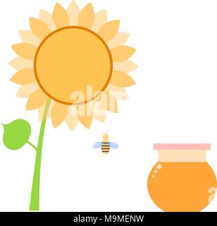 Il miele in una lattina di bee e il girasole su uno sfondo bianco. Illustrazione Vettoriale . Illustrazione Vettoriale
