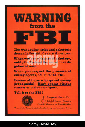 VINTAGE anni quaranta WW2 FBI 'incurante parlare' Poster II Guerra Mondiale anti-spionaggio FBI J Edgar Hoover 'Avvertimento dal FBI" Foto Stock