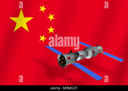 Modello 3D della Cina il Tiangong-1 stazione spaziale in orbita attorno al pianeta Terra con la bandiera della Cina in background. Il rendering 3D Foto Stock