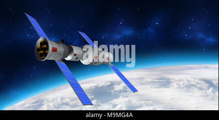 Modello 3D della Cina il Tiangong-1 stazione spaziale in orbita attorno al pianeta Terra. Il rendering 3D Foto Stock