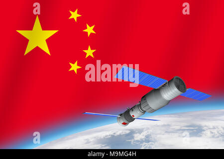 Modello 3D della Cina il Tiangong-1 stazione spaziale in orbita attorno al pianeta Terra con la bandiera della Cina in background. Il rendering 3D Foto Stock
