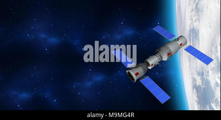 Modello 3D della Cina il Tiangong-1 stazione spaziale in orbita attorno al pianeta Terra. Il rendering 3D Foto Stock
