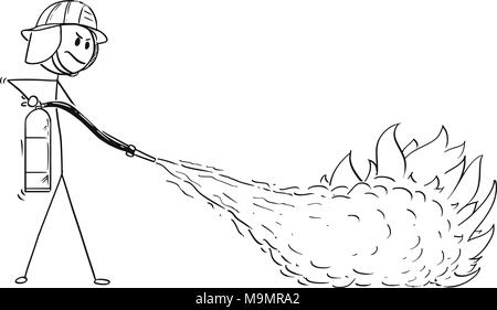 Cartoon di vigile del fuoco usando un estintore per combattere il fuoco Illustrazione Vettoriale