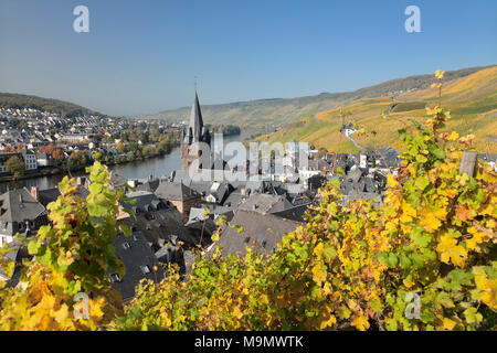 Moselle con villaggio in autunno, Bernkastel-Kues, Moselle, Renania-Palatinato, Germania Foto Stock