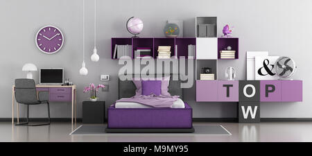 Camera da letto viola per la ragazza con letto, scrivania e scaffale - 3d  rendering Foto stock - Alamy