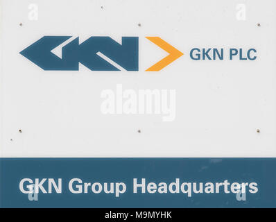 La sede della GKN, una multinazionale britannica automotive e componenti aerospaziali company, a Redditch, Worcestershire come segretario commerciale Greg Clark ha chiesto "ampia e chiara" impegni da specialista di turnaround Melrose oltre la sua &pound;8,1 miliardi di offerta per UK engineering giant GKN, suscitano preoccupazioni oltre gli interessi a breve termine. Foto Stock