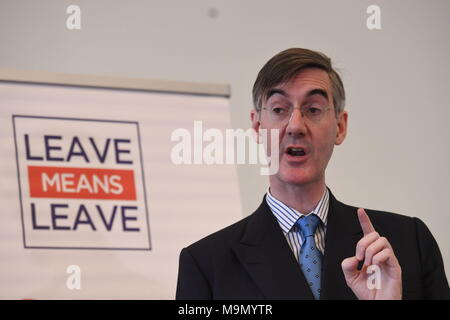 MP conservatore Giacobbe Rees-Mogg parla di Brexit a lasciare significa lasciare evento al Carlton House Terrace, Londra. Foto Stock