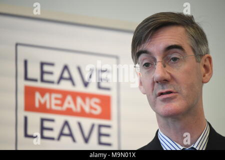 MP conservatore Giacobbe Rees-Mogg parla di Brexit a lasciare significa lasciare evento al Carlton House Terrace, Londra. Foto Stock