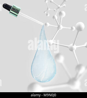 Blue Water drop con molecole all'interno. Il rendering 3d. Foto Stock