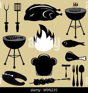 Le icone di set barbecue grill Illustrazione Vettoriale