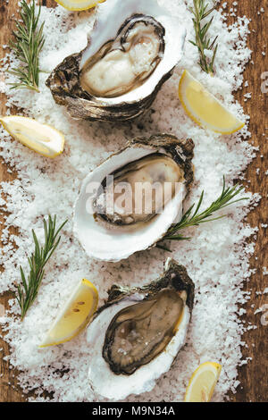 Fresche appena aperto le ostriche e la fetta di limone su rustico sfondo di legno Foto Stock