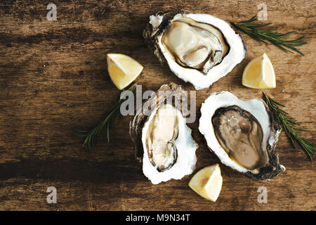 Fresche appena aperto le ostriche e la fetta di limone su rustico sfondo di legno Foto Stock