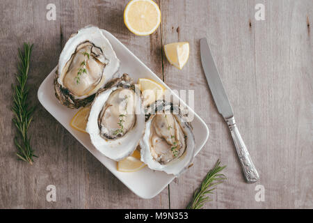 Aprire le ostriche, limone su grigio tavolo di pietra. Mezza dozzina. Con spazio di copia Foto Stock