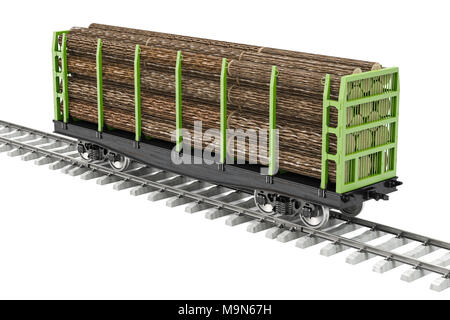 Carro merci su ferrovia con tronchi di legno, rendering 3D isolati su sfondo bianco Foto Stock