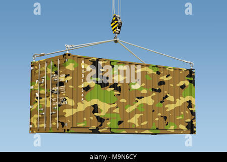 Arma concetto di consegna. Contenitore militare appesa al gancio della gru contro il cielo blu, rendering 3D Foto Stock