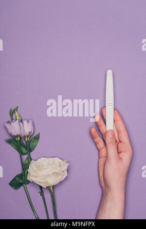 Ritagliato colpo di donna azienda test di gravidanza in mano e fiori isolati su viola Foto Stock
