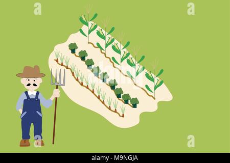 Illustrate il contadino in tute holding forcone accanto al giardino patch vegetale. Illustrazione Vettoriale