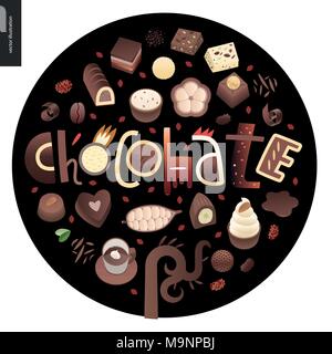 Amore molla slogan di cioccolato - lettering composizione, insieme di cioccolato fondente e bianco nitido bomboni e barre, choclate chips, caffè e chicchi di cacao un Illustrazione Vettoriale