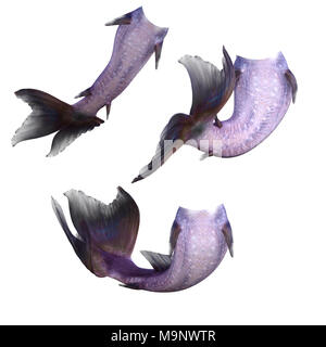 Set di viola mermaid tails isolato su bianco, 3D render. Foto Stock