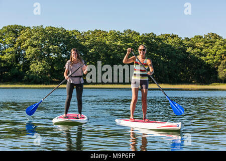 Due donne in piedi up paddle imbarco sul fiume Essex a Cox Prenotazione in Essex, Massachusetts Foto Stock