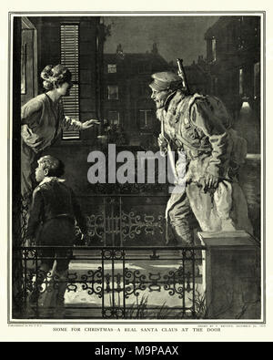 Soldato della Prima Guerra Mondiale il ritorno a casa di sua moglie e bambino per Chritmas, 1916 Foto Stock