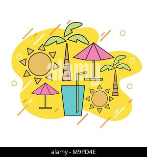 Estate vettore lineare con le icone e le indicazioni di viaggio e concetto di vacanza Illustrazione Vettoriale