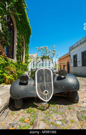 Auto rottamata di oldtimer ricoperta con piante fiorite, Colonia del Sacramento, Uruguay Foto Stock