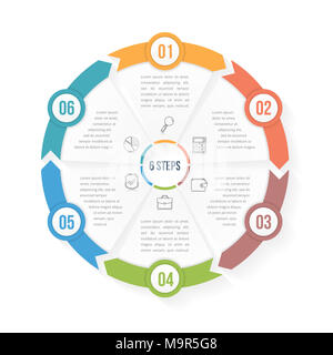 Cerchio modello infografico con sei elementi, opzioni o le fasi del flusso di lavoro, o diagramma di processo, dati vizualization, vettoriale EPS10 illustrazione Foto Stock