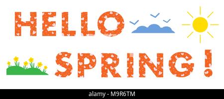 Ciao a molla. Il messaggio è decorata con cuori. Il sole, le nuvole, uccelli, fiori. Modello per la progettazione, la stampa. Illustrazione Vettoriale