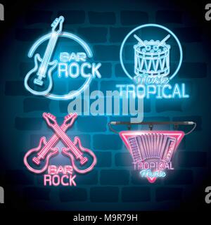 Strumenti musicali con le luci al neon impostare le icone Illustrazione Vettoriale