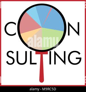 Iscrizione consulenza con lente di ingrandimento e segmenti di mercato logo di consulenza Illustrazione Vettoriale