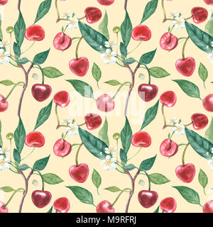 Disegnate a mano acquerello ghirlanda di fiori di ciliegio e foglie illustrazione. Acquerello illustrazione botanica seamless pattern. Foto Stock