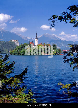 Il lago di Bled, Slovenia. Isola di Bled (Blejski Otok) Isola chiesa dell Assunzione di Maria (Cerkev Marijinega vnebovzetja) e il castello di Bled Foto Stock