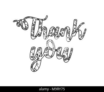 Ringrazio scritte a mano. Le lettere sono decorate con paisley, fiori e altri piccoli dettagli. Foto Stock