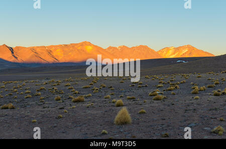 Sunrise nel Altiplano della Bolivia nel deserto Siloli ad una altitudine di 4600m vicino al confine del Cile e il deserto di Atacama, Sud America. Foto Stock