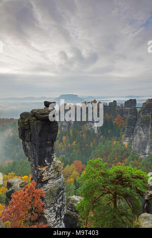 Vista sulla torre di roccia Wehlnadel e la valle Wehlgrund in autunno, Svizzera Sassone / Sächsische Schweiz, Bassa Sassonia, Germania Foto Stock