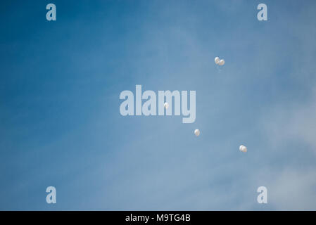 White ballons volare su un cielo blu. Foto Stock