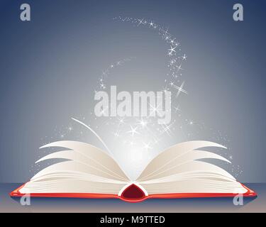 Una illustrazione vettoriale in formato eps formato 10 di un colore rosso brillante libro magico di magie aperto su un tavolo con le stelle e brilla su uno sfondo blu scuro Illustrazione Vettoriale