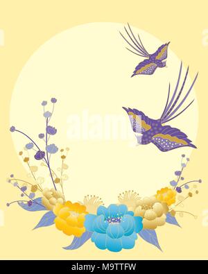 Una illustrazione di variopinti uccelli orientali e ornato di fiori sulla progettazione di un grande sole giallo. Illustrazione Vettoriale