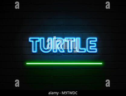 Turtle insegna al neon - Neon incandescente segno sulla parete brickwall - 3D reso Royalty free stock illustrazione. Foto Stock