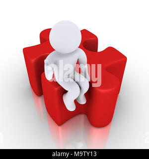 3d persona felice è seduta su un pezzo di puzzle Foto Stock